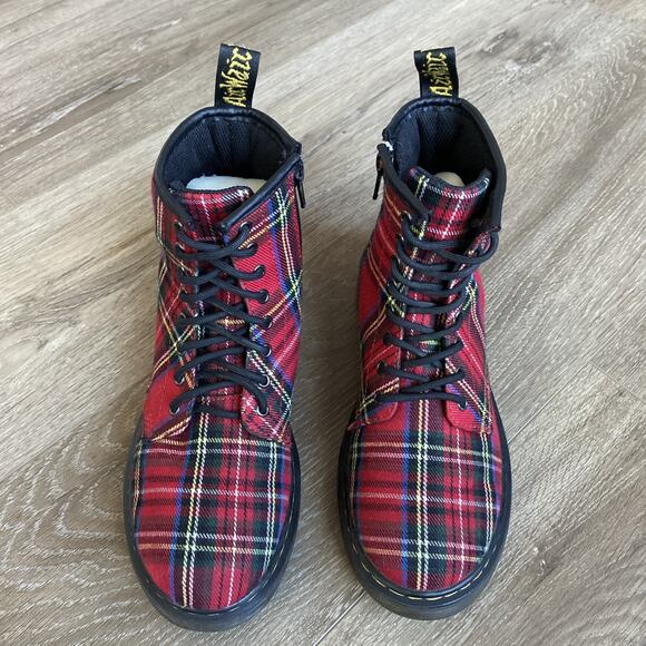 Dr. Martens Combat Boots Youth Sz 3 Tartan J Red Plaid - Picture 2 of 10